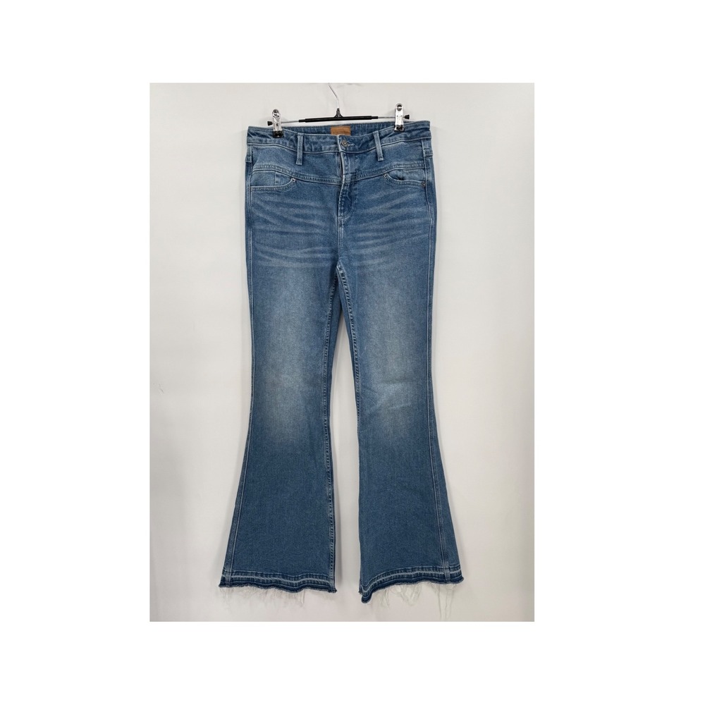 Driftwood 29 Farrah Flare Jeans Womens Medium Wash Blue High Rise Raw Hem Boho